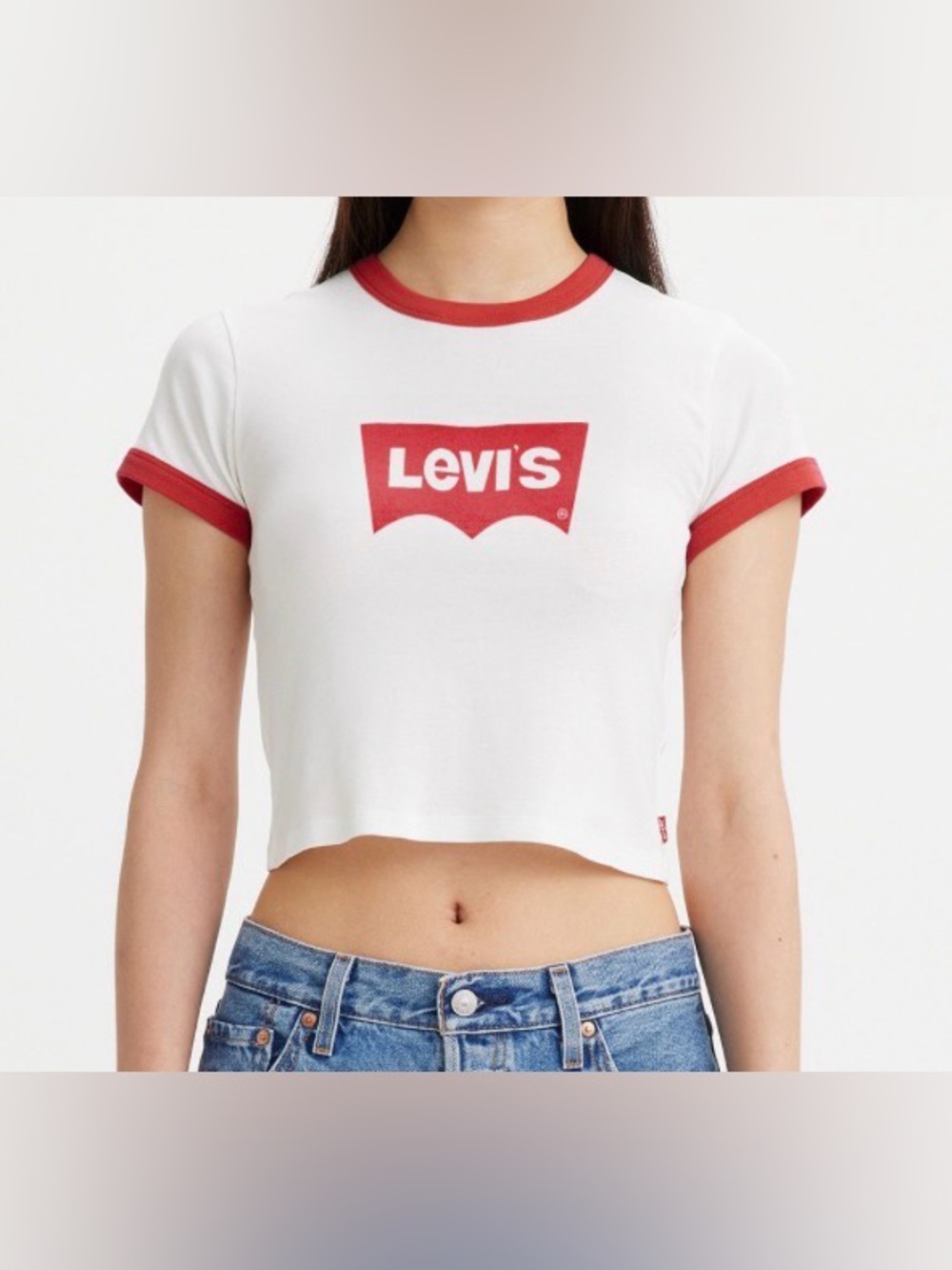 *5/$20 or 3/$15* Levi's Women's White & Red Logo Ringer Crop Tee